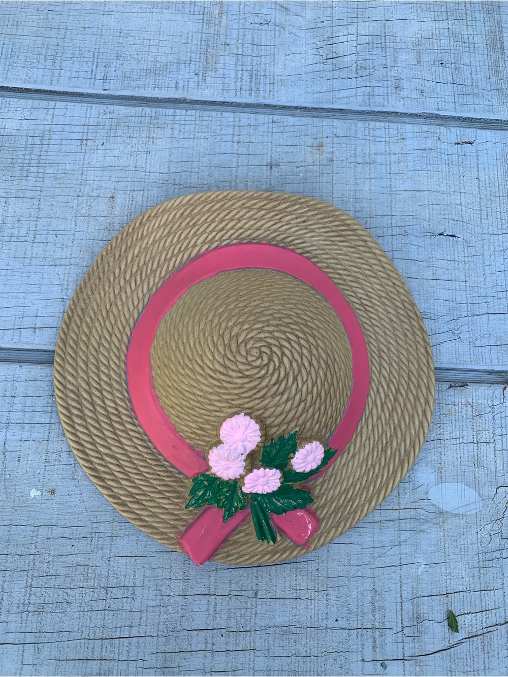 Vintage Burwood Plastic Straw Sun Hat Wall Pocket Planter Pink Ribbon & Flowers